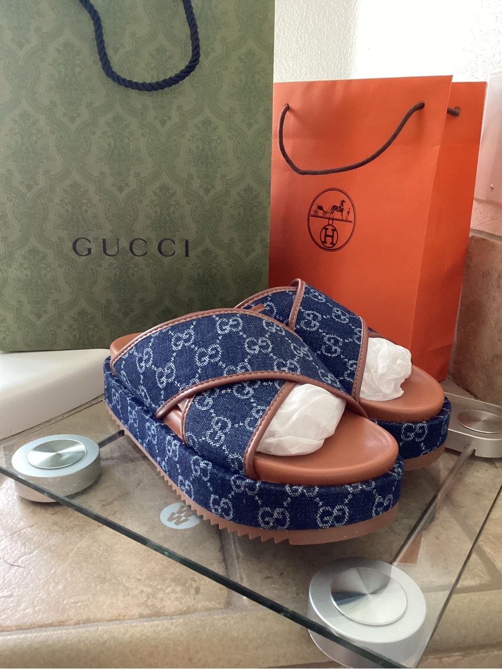 Gucci Denim GG Logo Platform Slides in Blue & Brown Leather